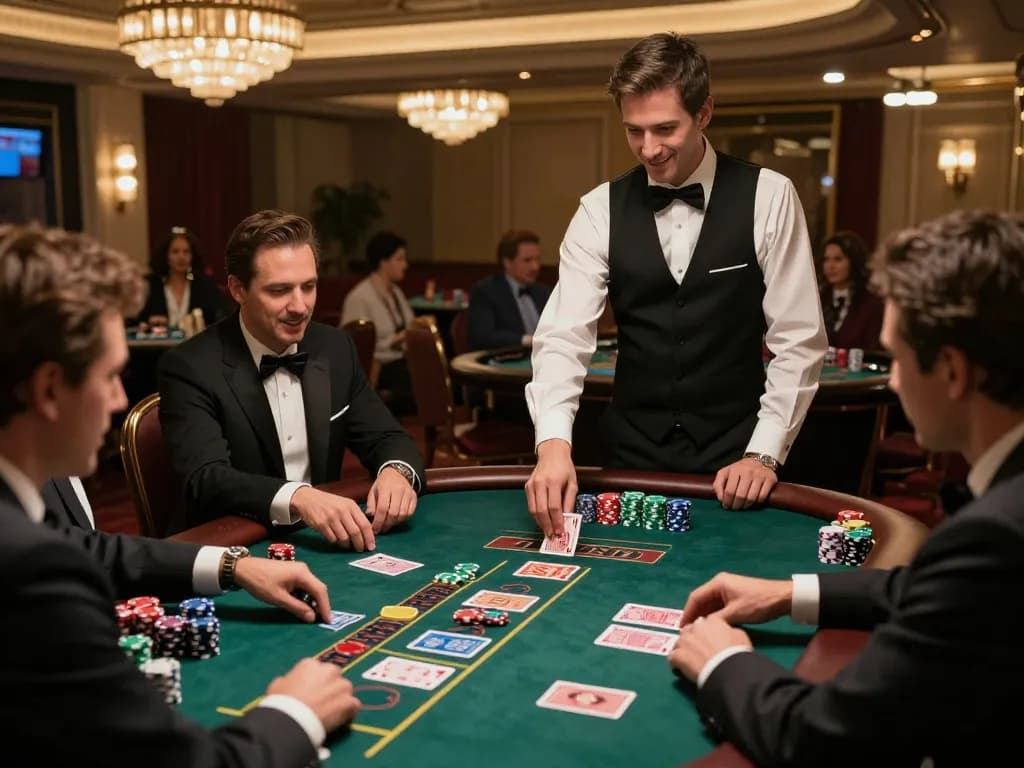 Players engaging at a blackjack table in a luxurious casino, enjoying the thrill of the game XX 88.