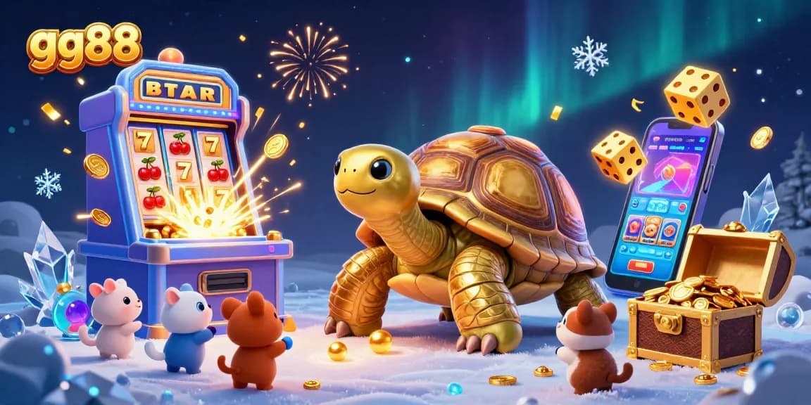 Experience the thrill of gg88 with this vibrant illustration of a golden tortoise-themed casino game scene.