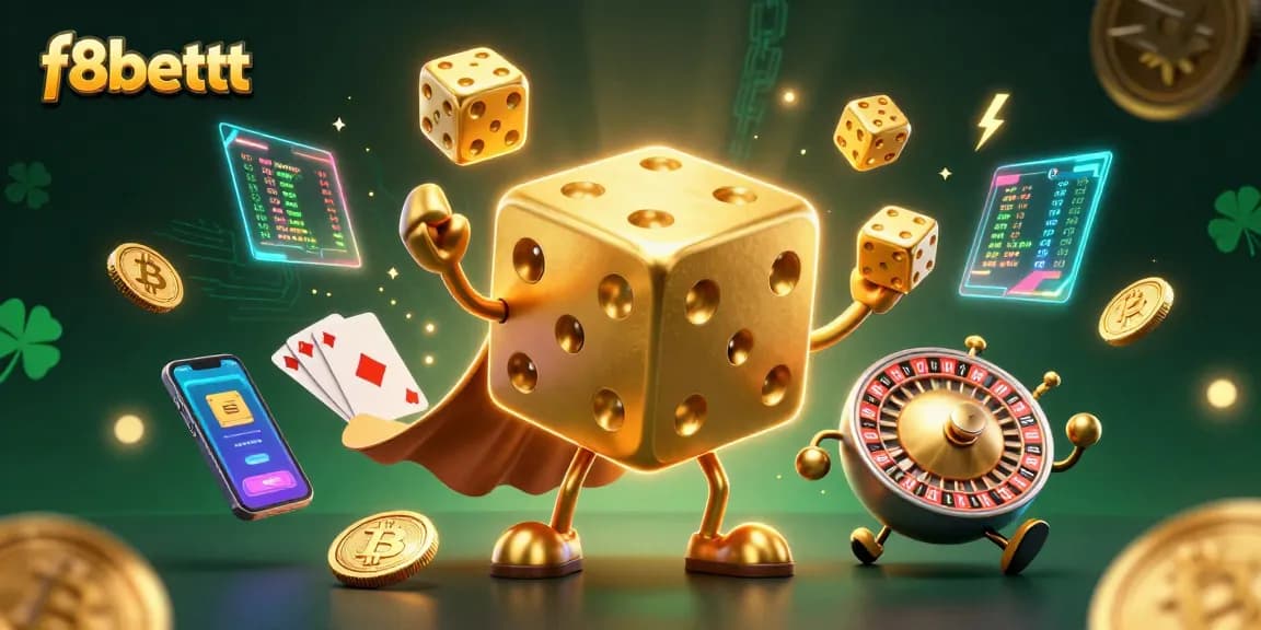 F8bettt’s lively 3D casino scene showcases a golden dice golem and crypto elements amidst vibrant colors.