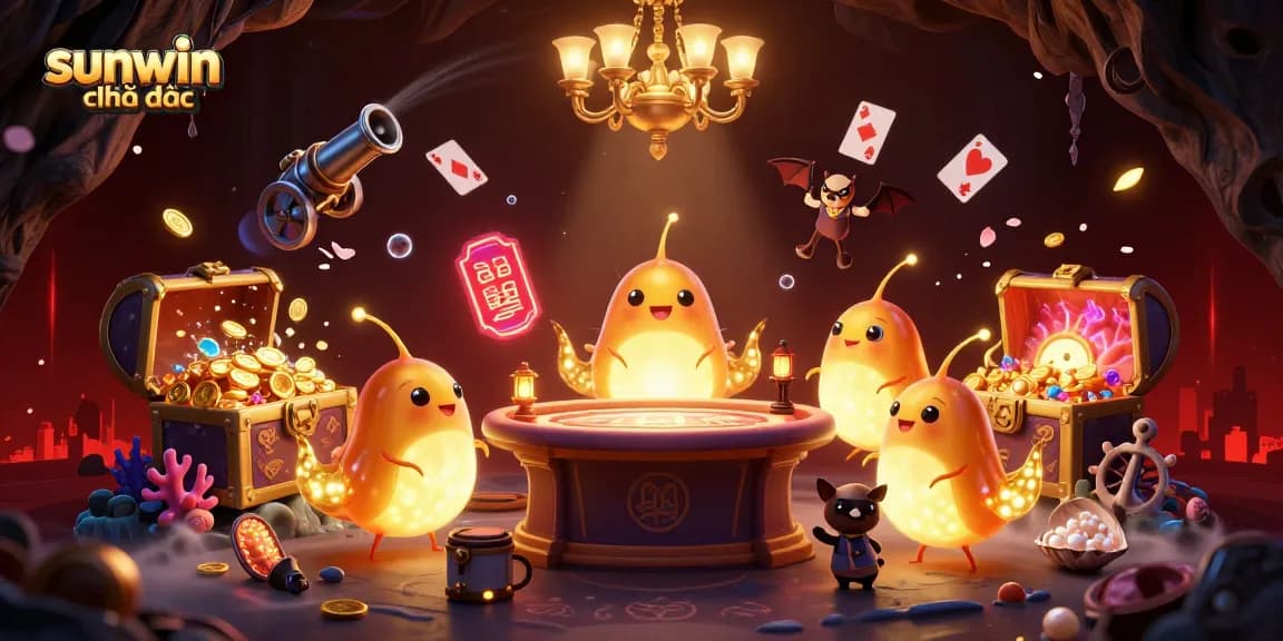 Engage with sunwin chính thức at our vibrant casino, featuring glowworms and a bat dealer in a magical scene.