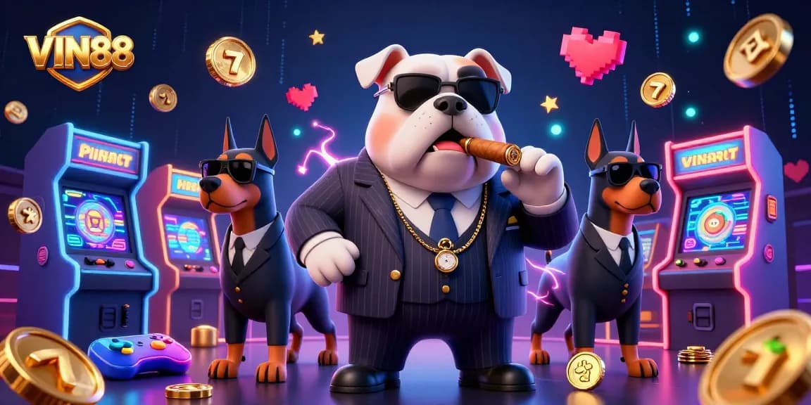 Engage in thrilling gameplay at VIN88 with jackpot reels and vibrant game machines surrounded by a mafia bulldog boss.