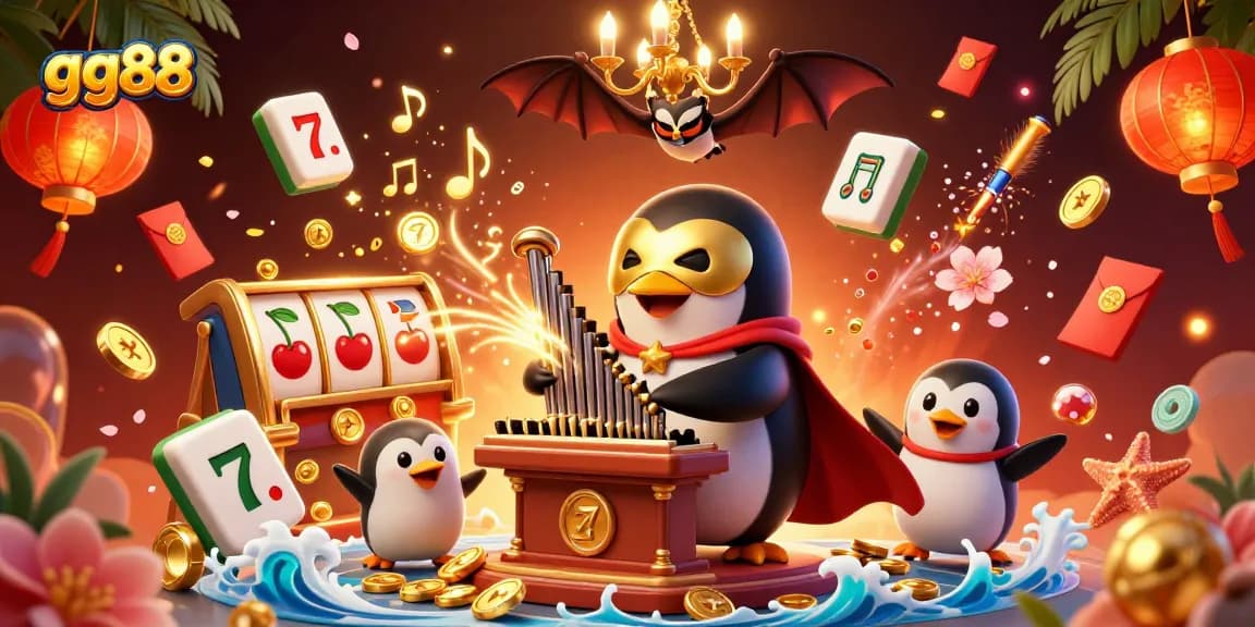 Experience thrilling gameplay at gg88 as a penguin conjures golden coins amidst enchanting casino elements.