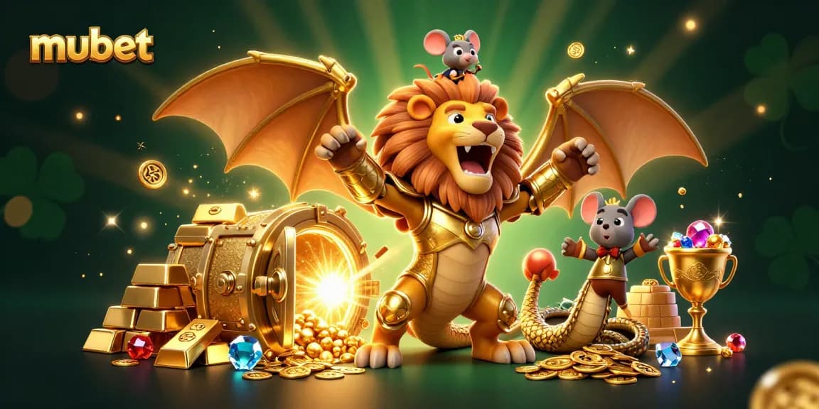 Engage with exciting mubet-themed casino adventure featuring a golden chimera with treasures.