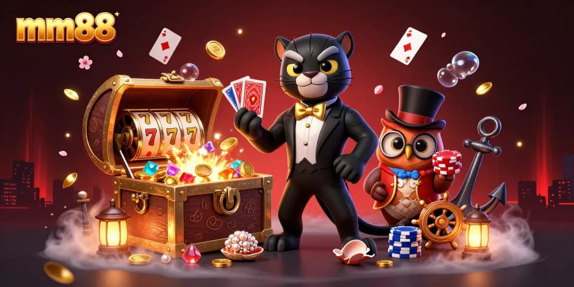 Experience captivating gameplay at mm88 with a stylish panther dealer, colorful gems, and dynamic casino elements.
