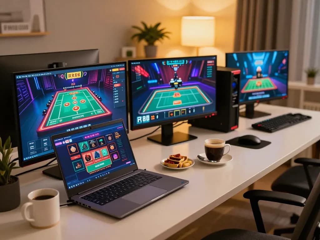Playing RR88 online casino with engaging games setup in a cozy modern office environment