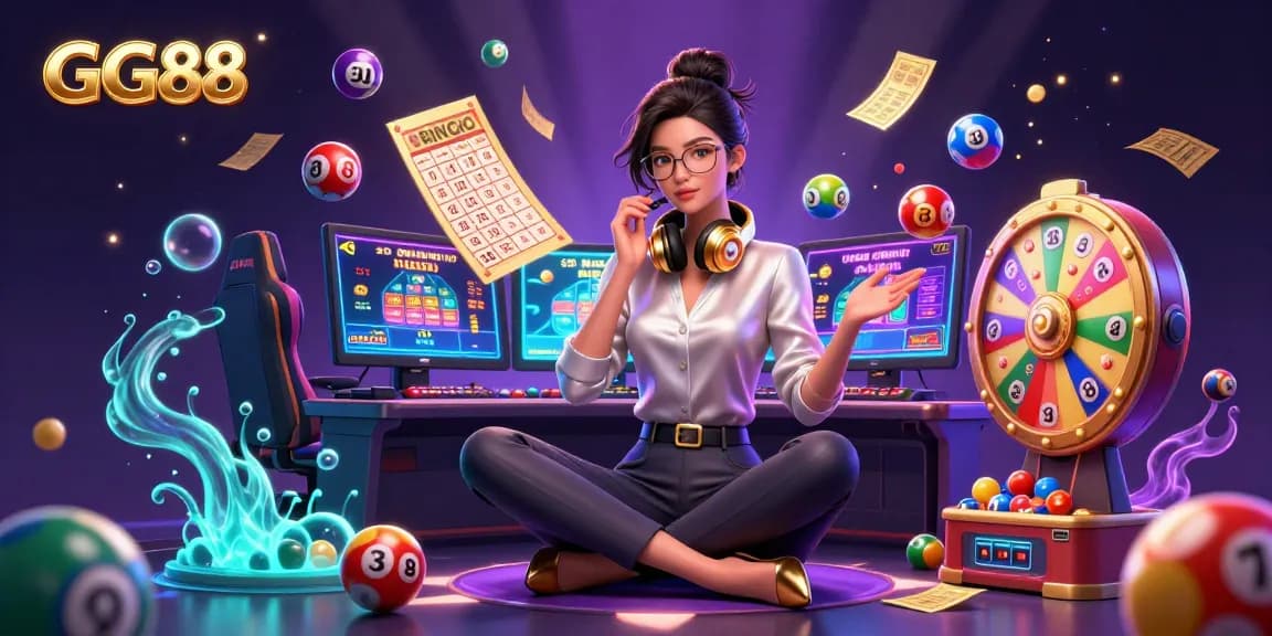 Engage with GG88's vibrant gaming world featuring colorful lottery elements and a dynamic setup.