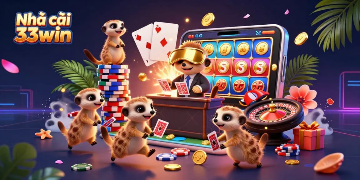 Experience the excitement at Nhà cái 33win with a lively meerkat casino scene showcasing a variety of gaming elements.