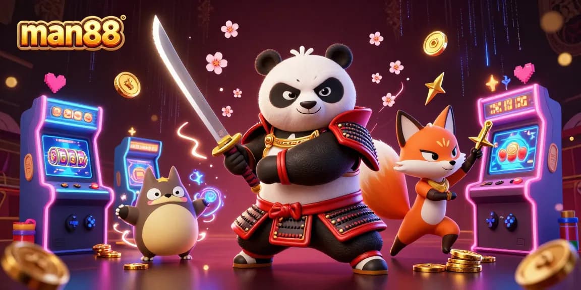 Engage with the thrilling world of man88 gaming as a samurai panda and ninja fox bring action to colorful slot machines.