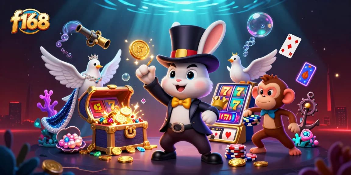 Engage with F168's exciting gaming world, featuring a magician rabbit surrounded by colorful casino elements.