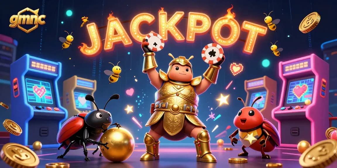 Engage with gmnc's vibrant casino experience featuring a triumphant beetle hero lifting a poker chip.