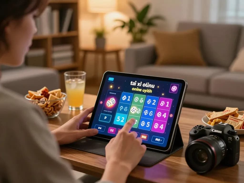 Engaging with app tài xỉu online uy tín on a tablet in a cozy living room.