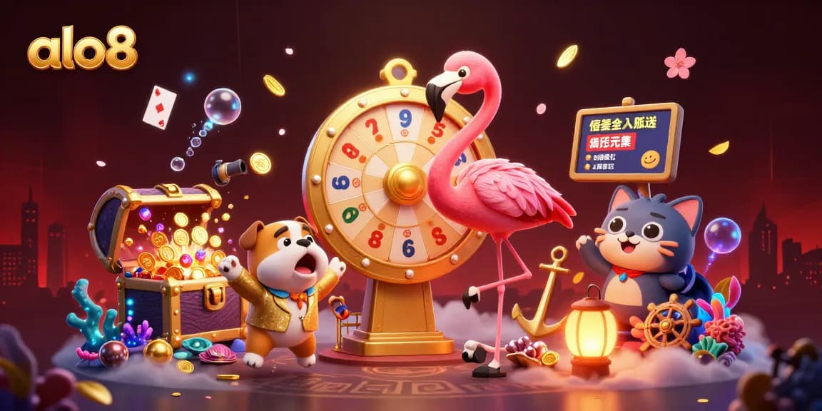 Exciting 3D scene of alo8's game show with vibrant colors and lively characters showcasing a thrilling casino atmosphere.