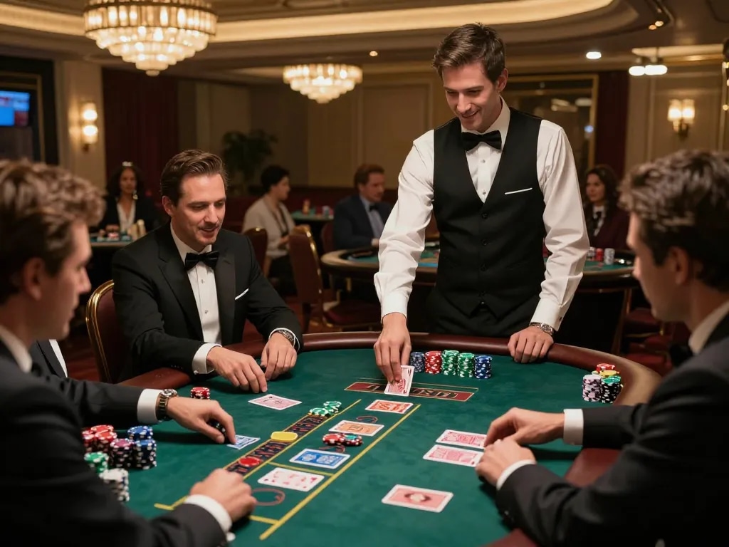 Players engaging at a blackjack table in a luxurious casino, enjoying the thrill of the game XX 88.