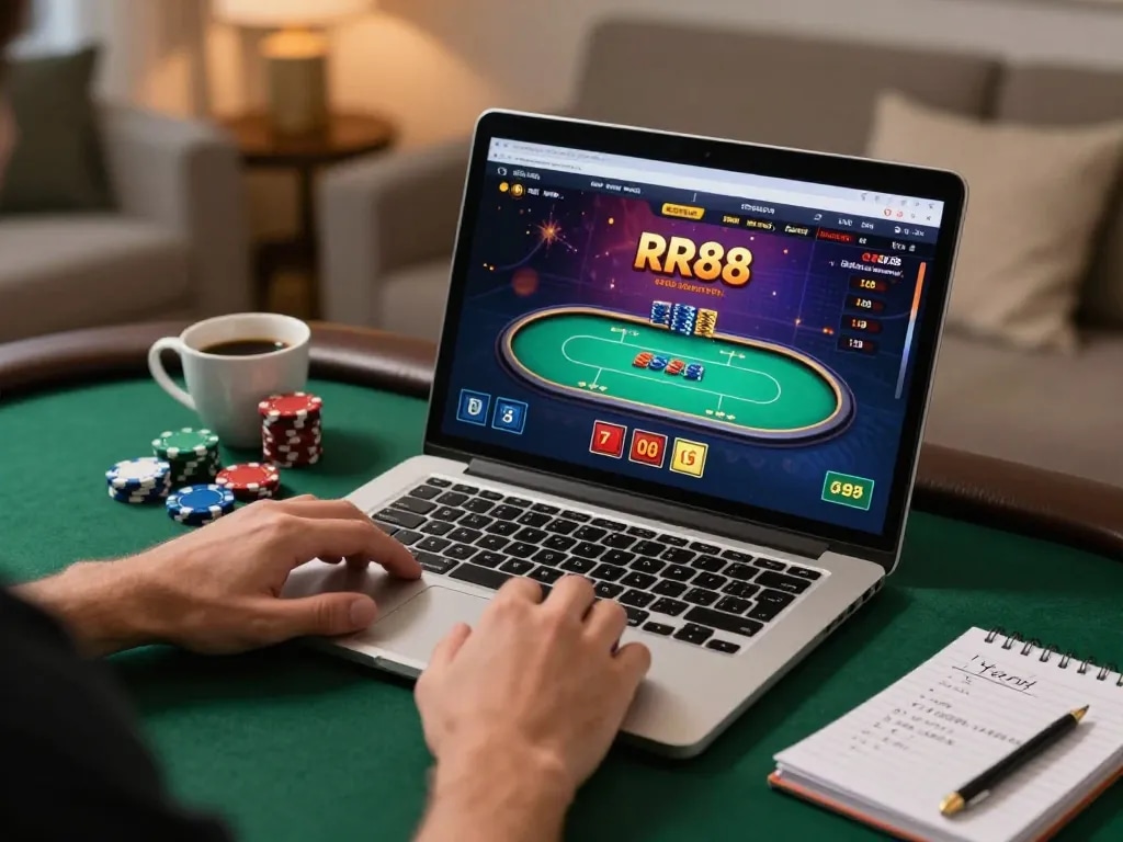Playing poker online at RR88 with digital interface, cozy home setting and strategic gameplay activity.