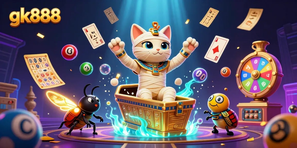 Khám phá trò chơi tại gk888 với hình ảnh một chú mèo hóa thạch và những viên bi sắc màu nghệ thuật.