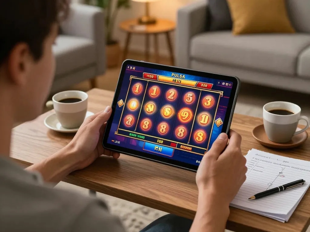 Engaged player spinning a slot pulsa game on a tablet in a cozy home setting.