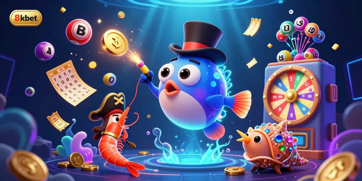 Experience the thrill of 8kbet in this vibrant 3D casino illustration featuring animated characters and dynamic gaming elements.