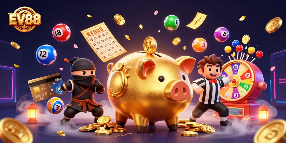 Experience winning thrills at EV88 with a vibrant casino scene featuring dynamic game elements and colorful characters.