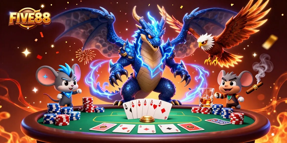Experience the thrilling action at FIVE88 with vibrant casino elements and dynamic characters.