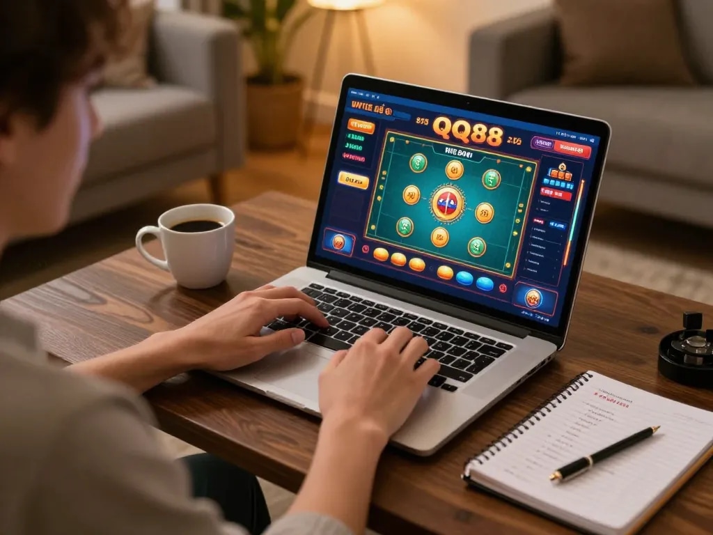 Player engaging with QQ88 online casino interface at home, reinforcing responsible gaming.
