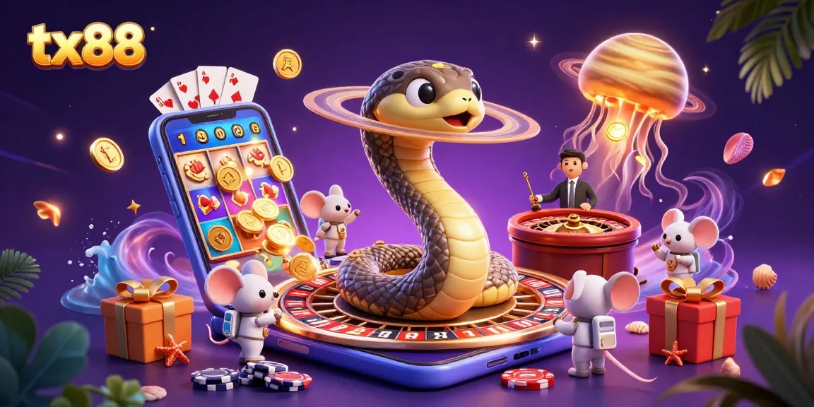 tx88 showcases a vibrant 3D casino scene with a Saturn ring snake and astronaut mice betting on a roulette wheel