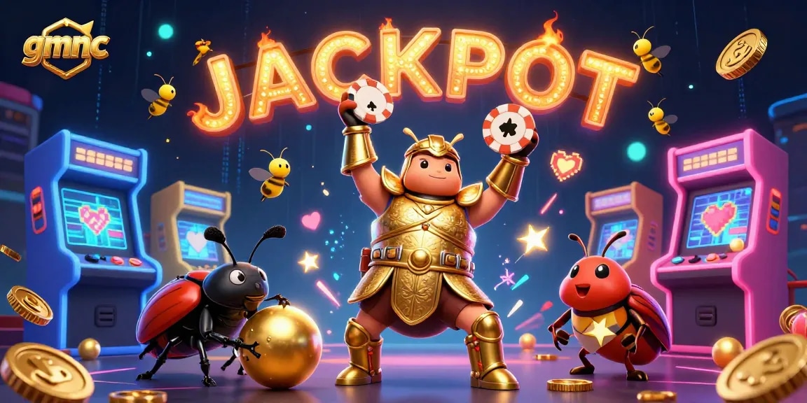 Engage with gmnc's vibrant casino experience featuring a triumphant beetle hero lifting a poker chip.