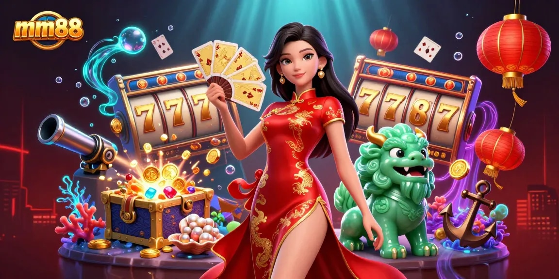 Win big with mm88 in a vibrant casino scene featuring slots and a lucky charm.