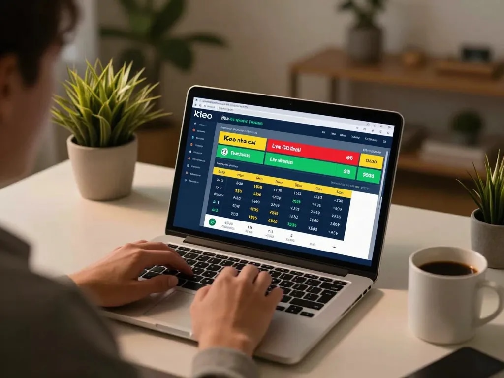 Engaging scene of a focused gambler analyzing Keo nha cai live betting odds on a laptop in an elegant home setup.