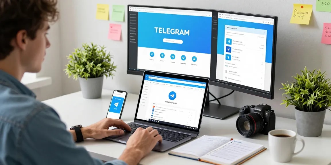 Utilizing Telegram web version in a modern workspace with dual monitors and notebook.