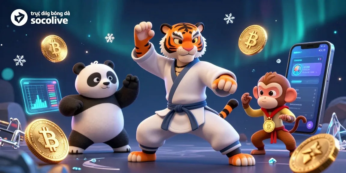 Engaging illustration showcasing trực tiếp bóng đá socolive with kung fu characters amidst vibrant crypto elements.