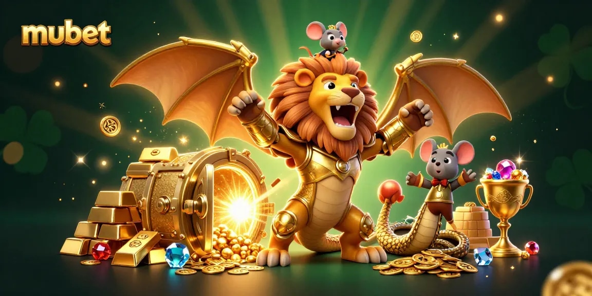 Engage with exciting mubet-themed casino adventure featuring a golden chimera with treasures.