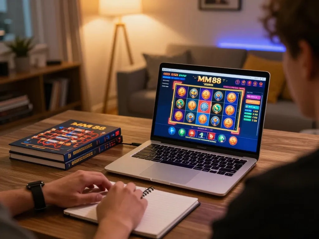 Player engaging in MM 88 online casino gaming at a stylish home setup, showcasing excitement and strategy.