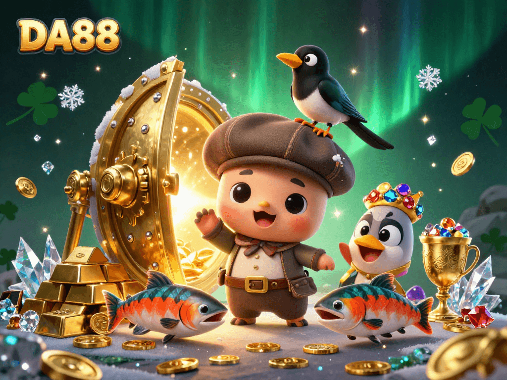 Experience the excitement of DA88's jackpot-driven games with playful characters amidst golden treasures.