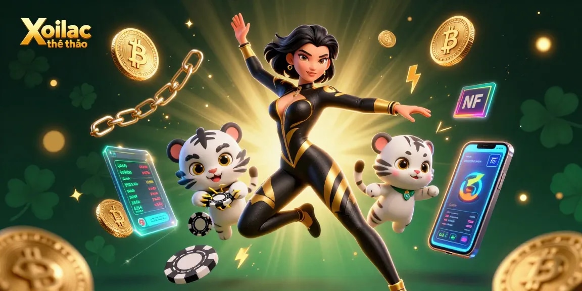 Xoilac thể thao showcases thrilling online gaming with a dynamic 3D scene featuring a vibrant atmosphere and interactive gambling elements.