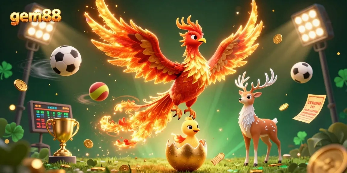 Bet on gem88 with a vibrant scene featuring a fire phoenix and sports elements in action.