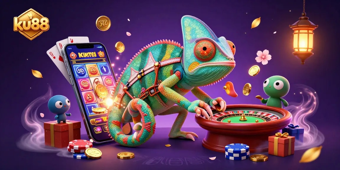 Spin and win big at ku88's vibrant casino scene featuring an enormous chameleon and exciting games.