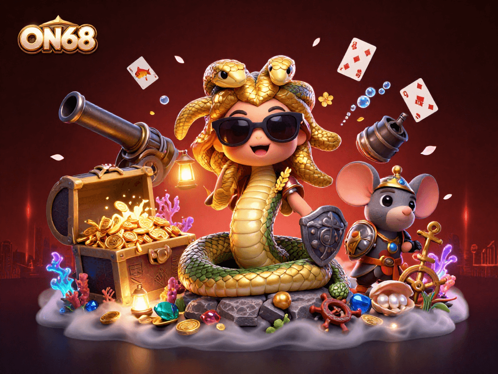 Experience ON68's exciting gaming world with a vibrant underwater scene and friendly Medusa in action.