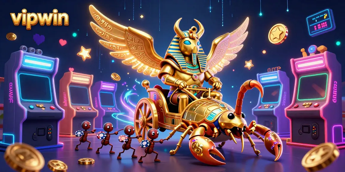 Experience thrilling action at vipwin with the colossal golden scarab beetle leading a dynamic gaming scene.