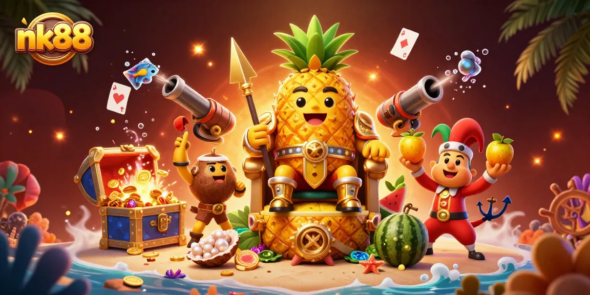Engage with nk88's vibrant casino scene featuring a golden pineapple king and lively game elements.