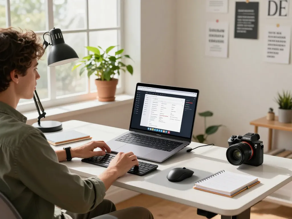 Home office scene showcasing tech gadgets for productivity with a modern workspace setup and natural light.