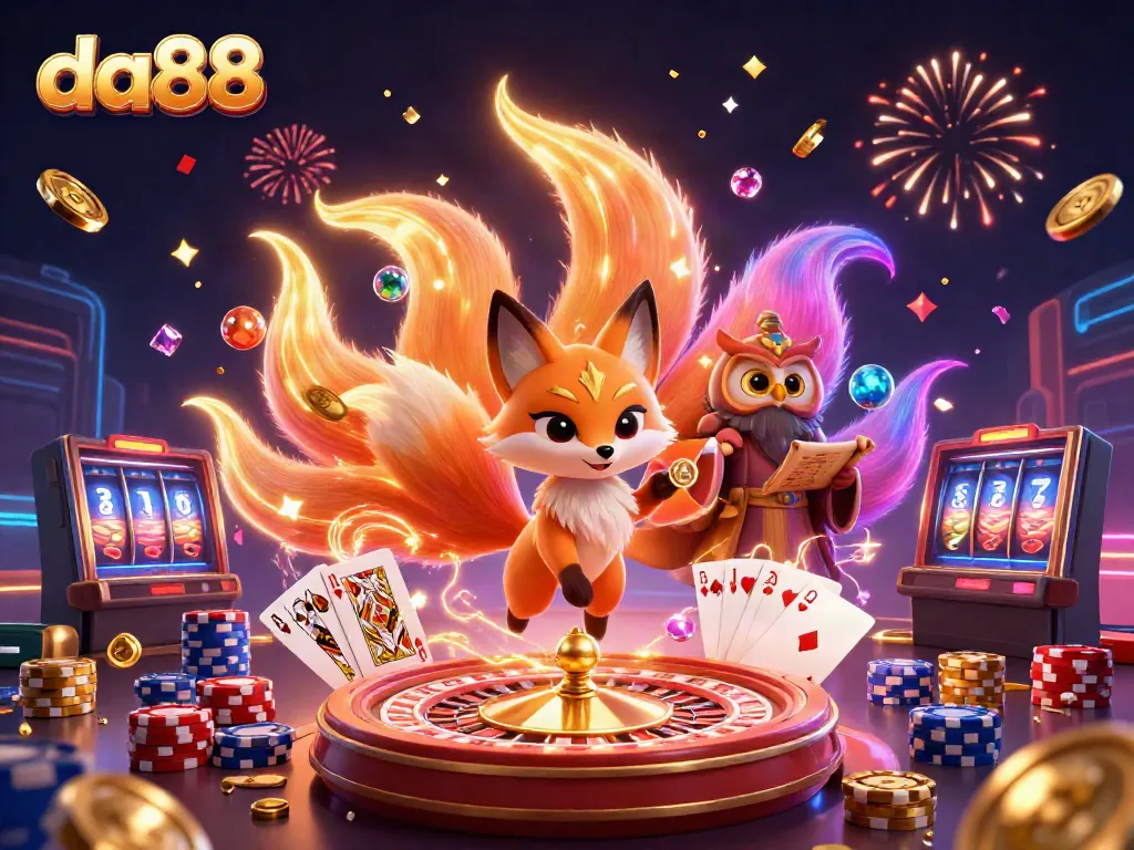 Engage with da88's vibrant 3D illustration showcasing exciting casino elements and characters.