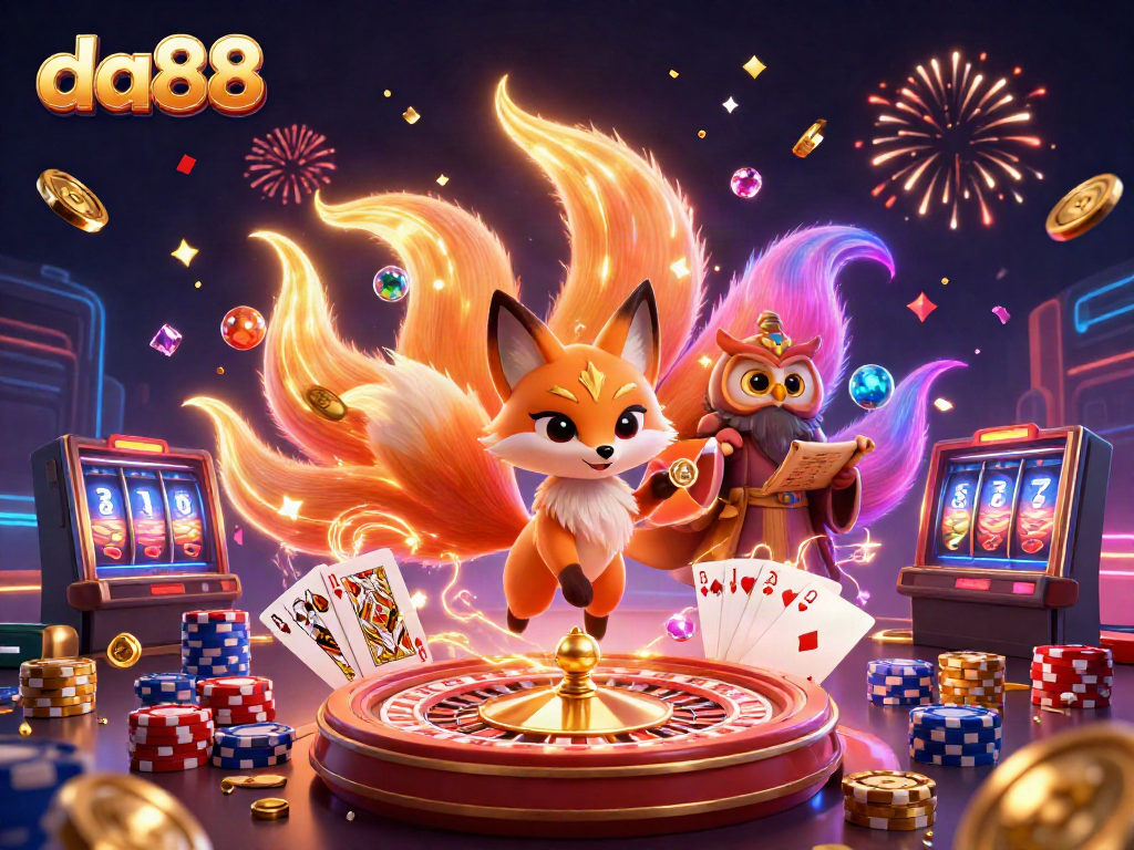 Engage with da88's vibrant 3D illustration showcasing exciting casino elements and characters.