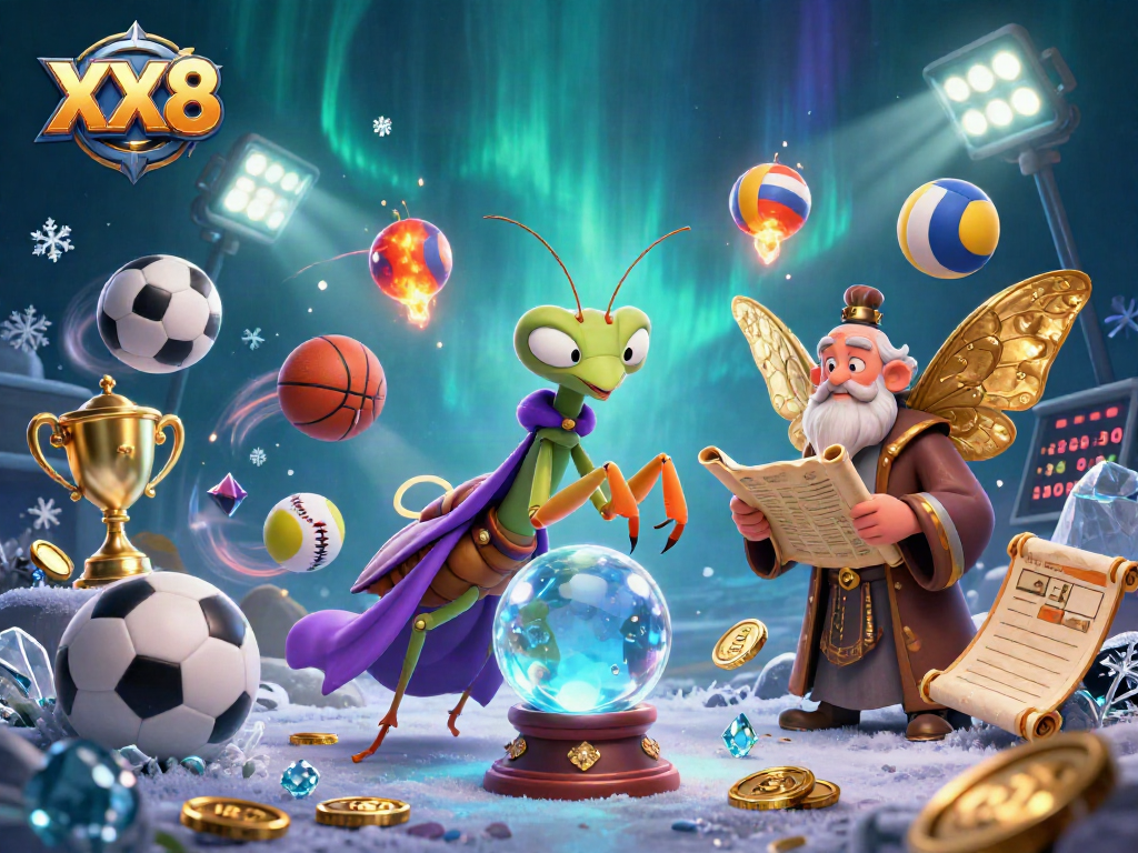 Betting on XX8 with excitement as a magical praying mantis reveals winning secrets through a crystal ball.