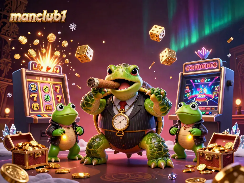 Experience the thrilling world of manclub1 with a vibrant casino scene featuring a mobster turtle and bullfrogs.