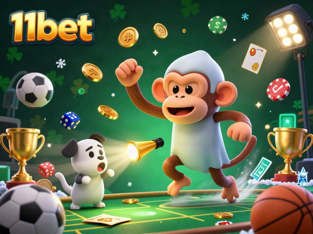 Engage with 11bet's dynamic casino experience featuring a playful poltergeist monkey and a curious puppy in a vibrant gambling atmosphere.