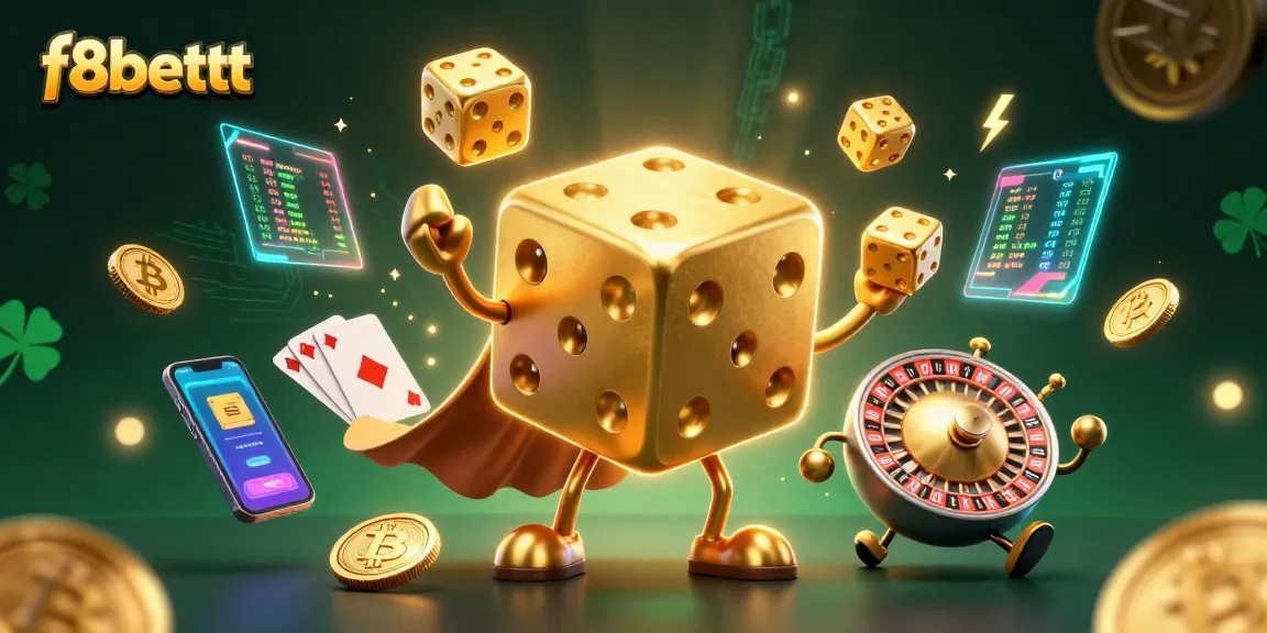 F8bettt’s lively 3D casino scene showcases a golden dice golem and crypto elements amidst vibrant colors.