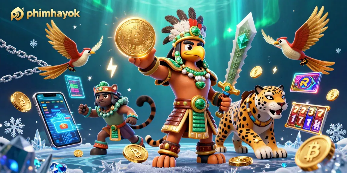 Engage with phimhayok in exhilarating slot games, surrounded by neon crypto elements and vibrant characters.