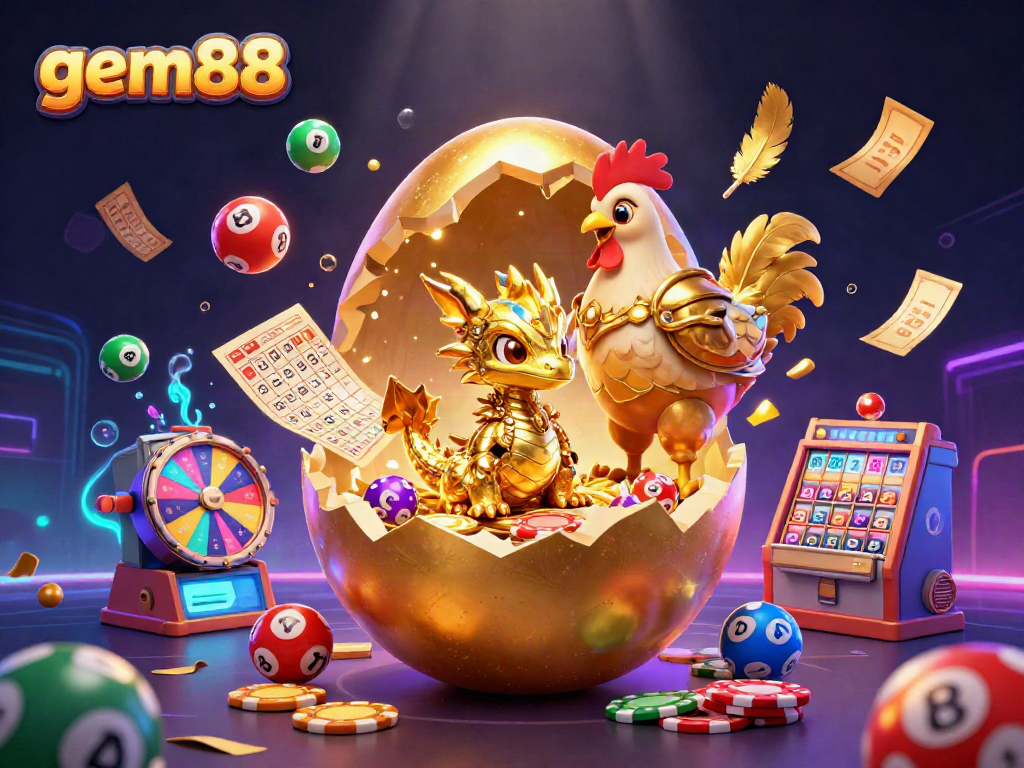 Experience gem88's thrilling gaming with a golden dragon, poker chips, and dynamic lottery elements in a vibrant scene.