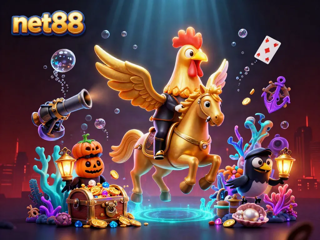 Experience net88's vibrant golden rooster symbolizing excitement in a striking casino scene.