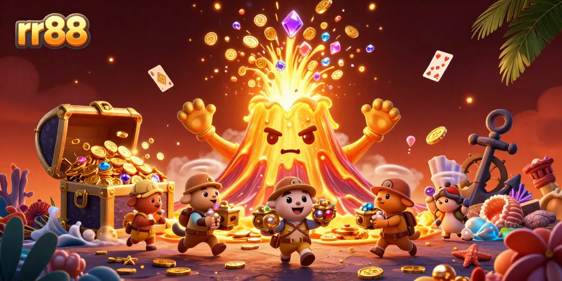 Experience rr88 excitement with the golden volcano and treasure hunters amidst a vibrant casino-themed illustration.